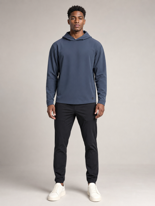 Front view of Akumi AeroLayer Travel Hoodie in slate blue