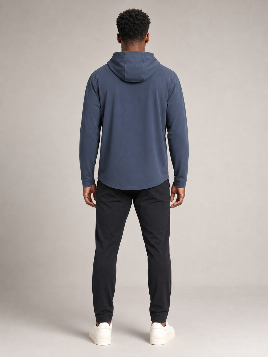 Back view of Akumi AeroLayer Travel Hoodie in slate blue