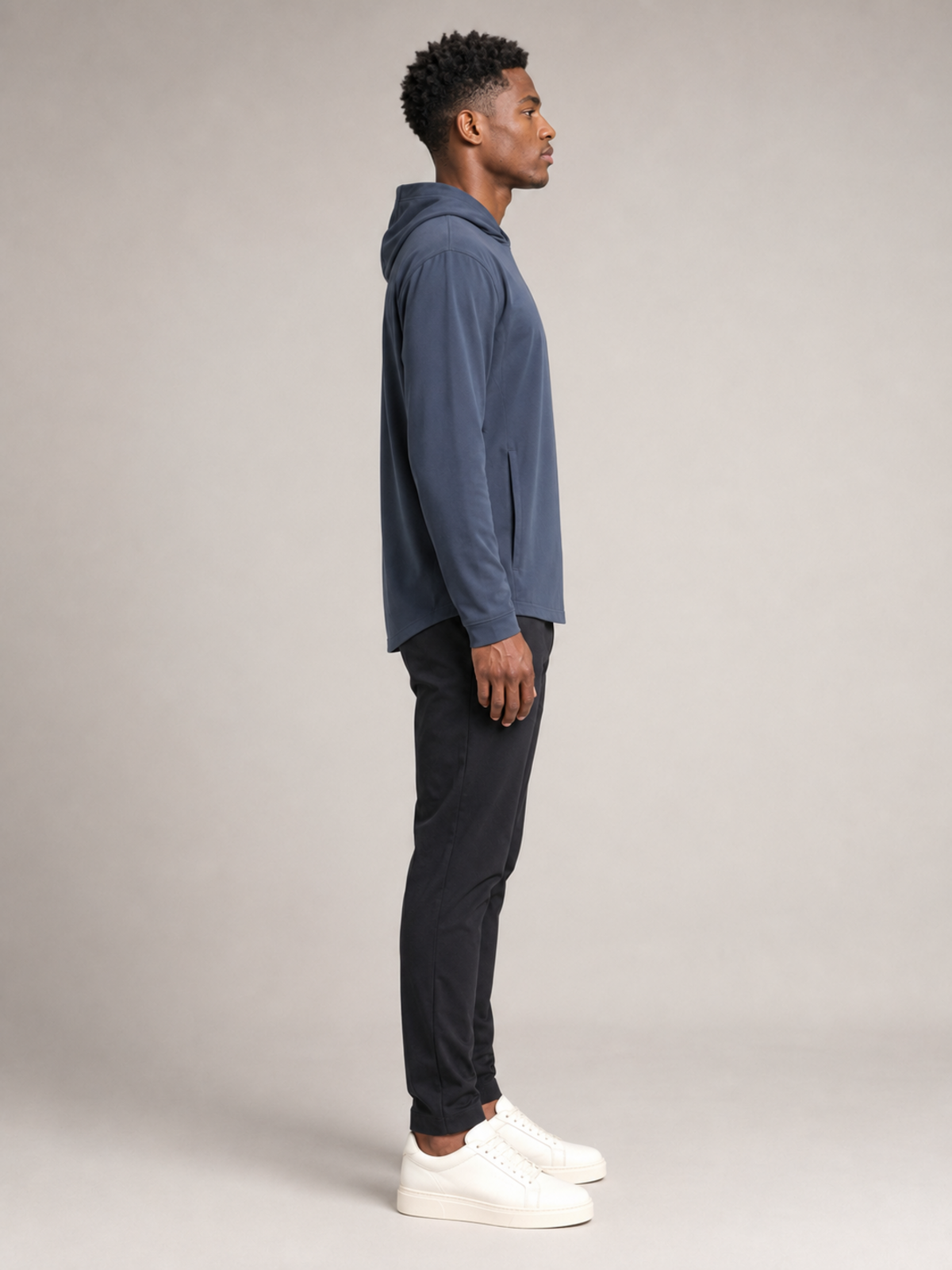 Side view of Akumi AeroLayer Travel Hoodie in slate blue