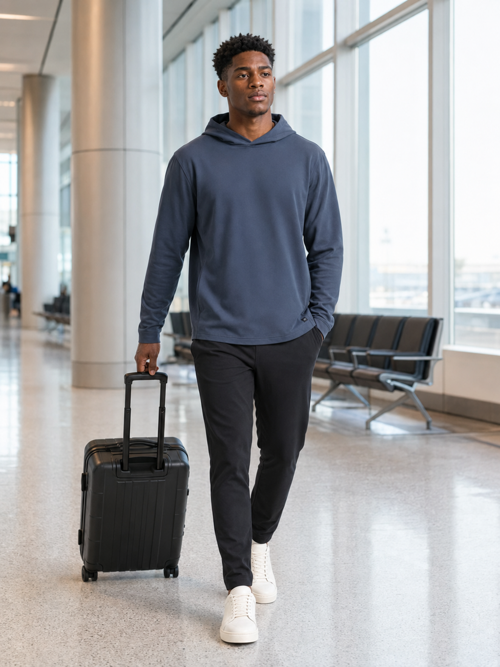 Akumi AeroLayer Travel Hoodie worn in an airport terminal