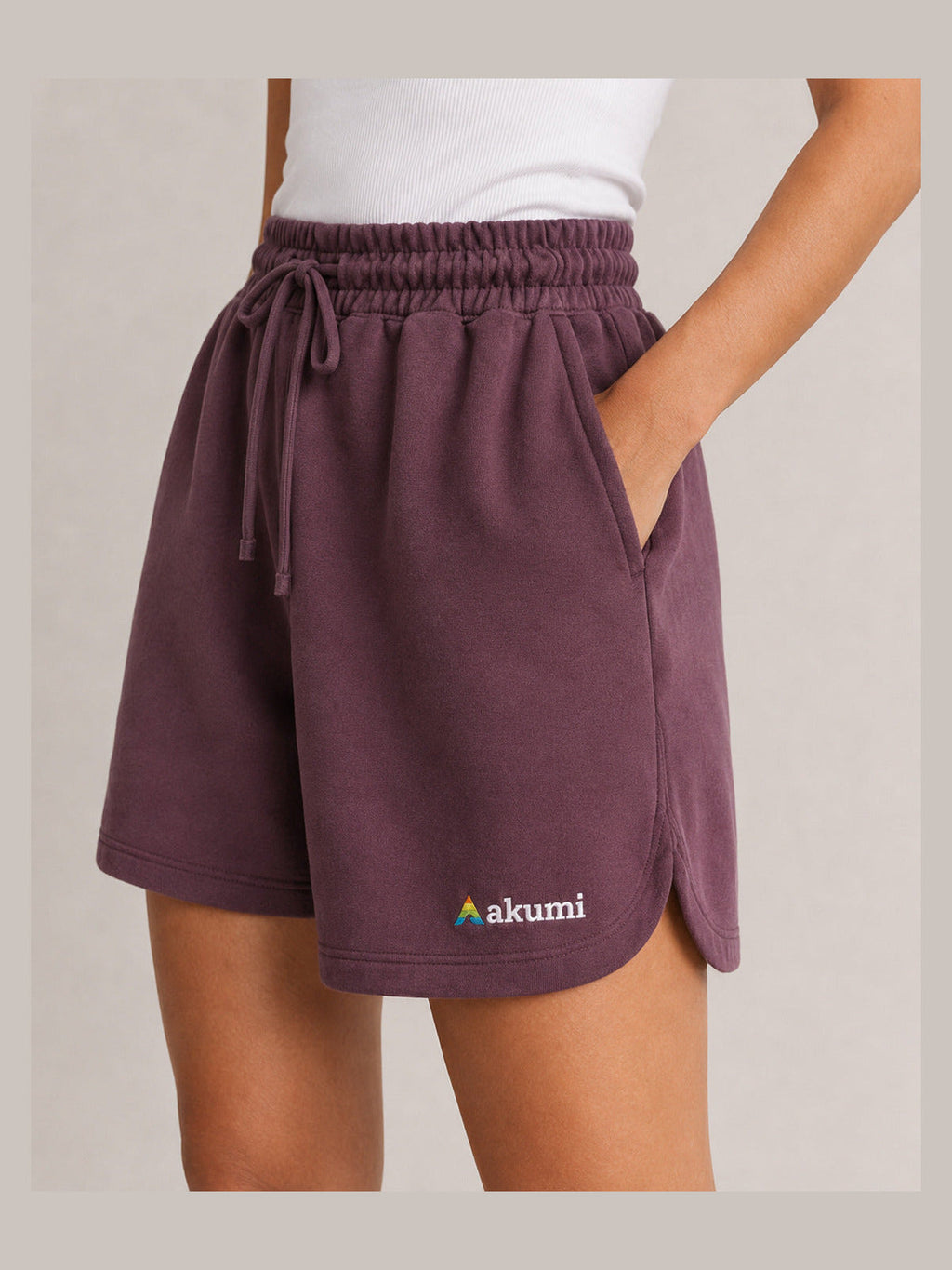 Mulberry##Akumi After Class Fleece Short, waistband and embroidery detail