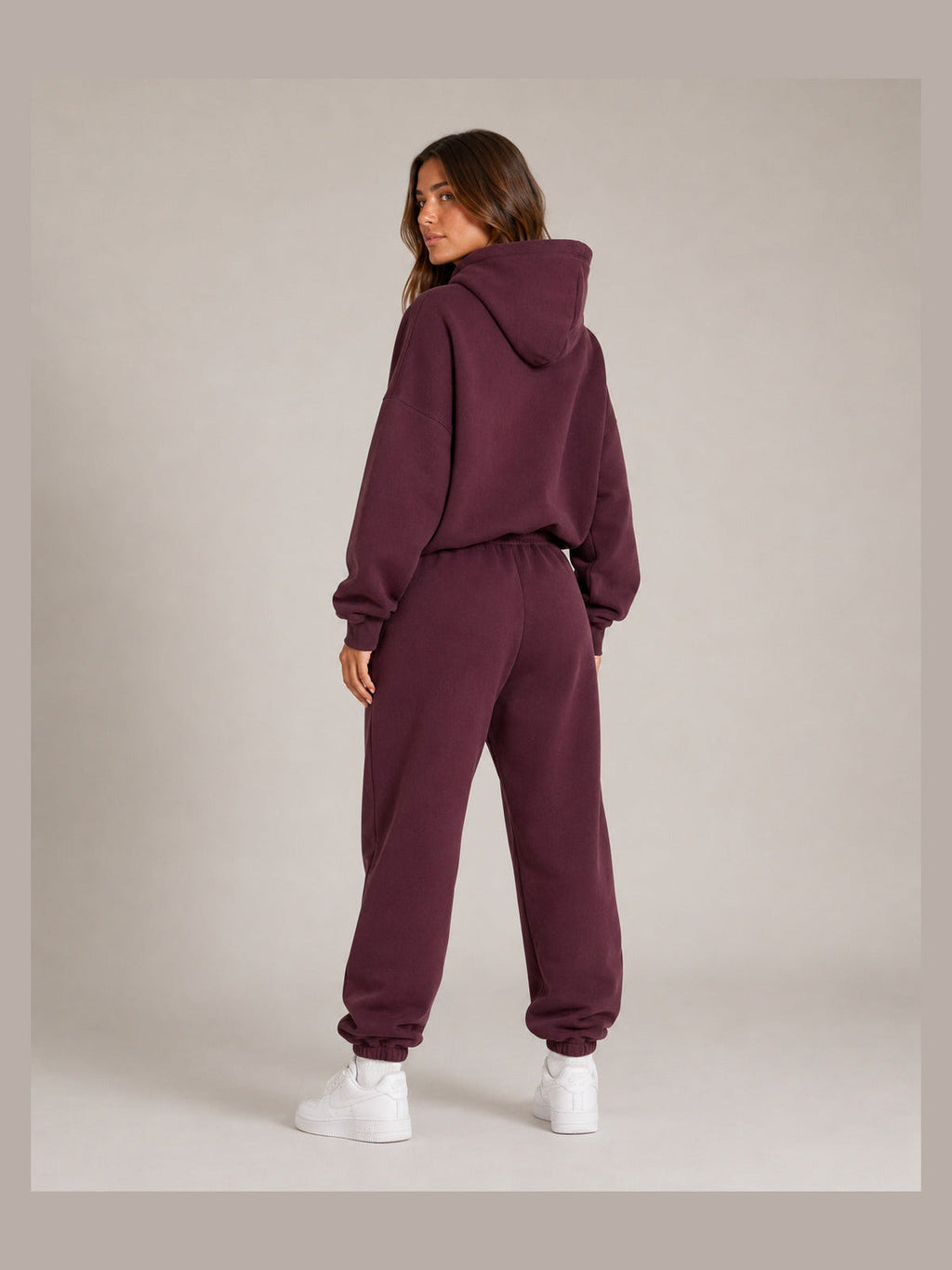 Akumi After Class Sweatpant in Mulberry, female model rear view