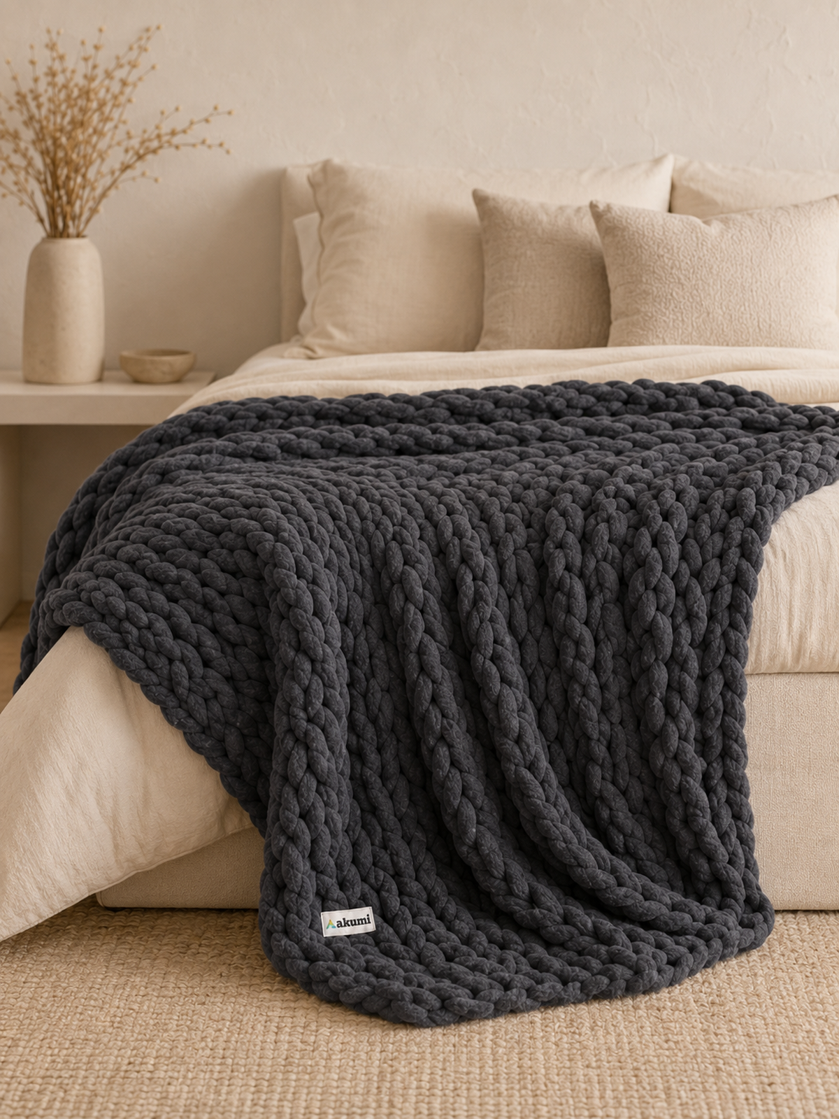 Akumi Anchor Blanket in Warm Slate spread across bed with weighted drape
