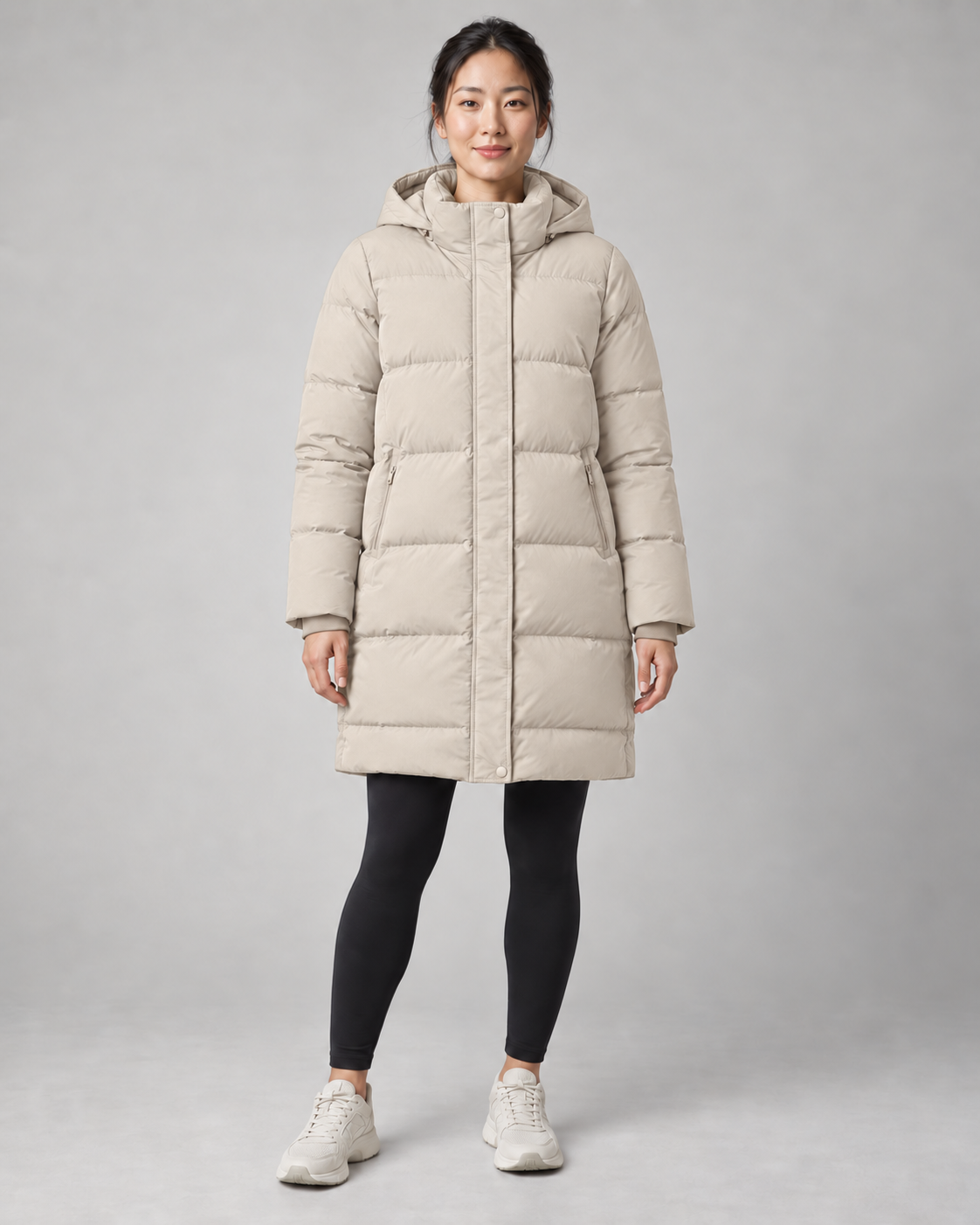 AI-generated design concept: Akumi Arc Longline Puffer in Oat, front view.