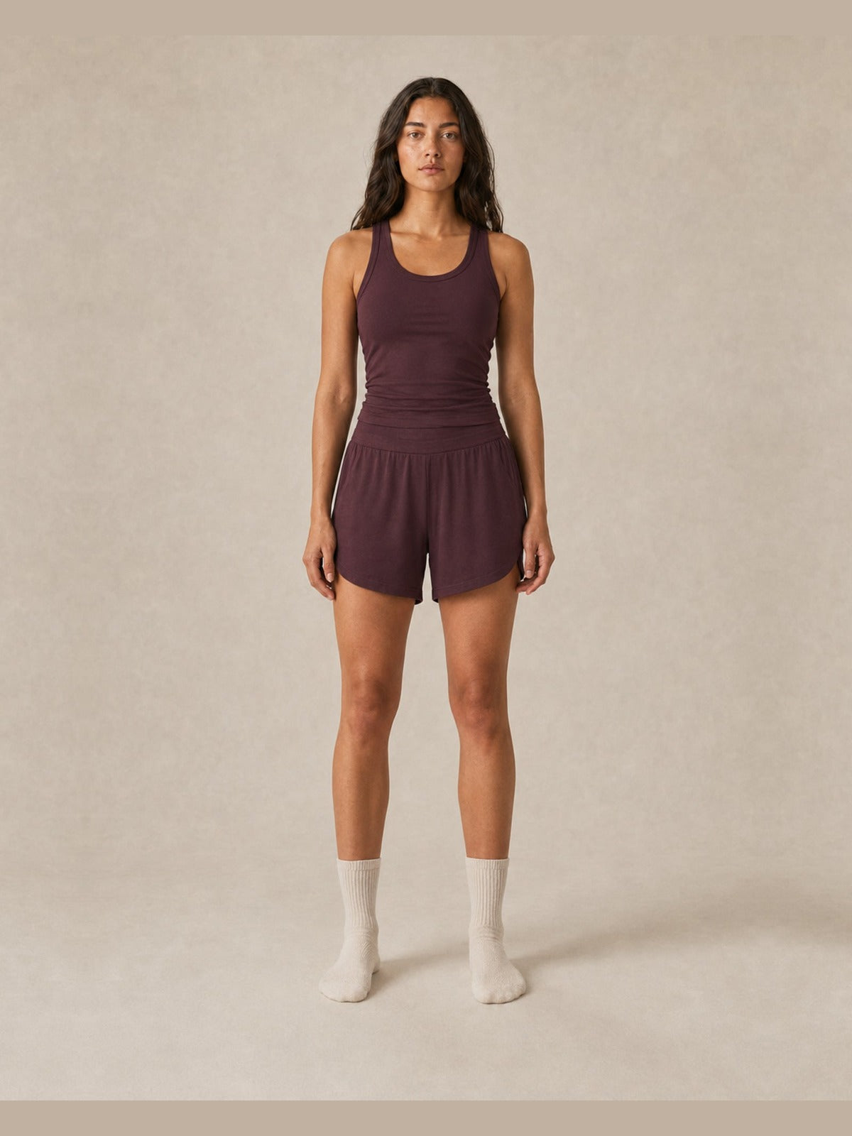 Akumi Arcflow Lounge Short in Deep Fig, women’s front view