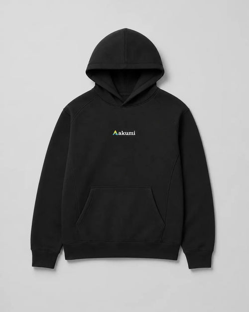 Akumi Axis Hoodie in Black, front flat lay with small centered Akumi embroidery