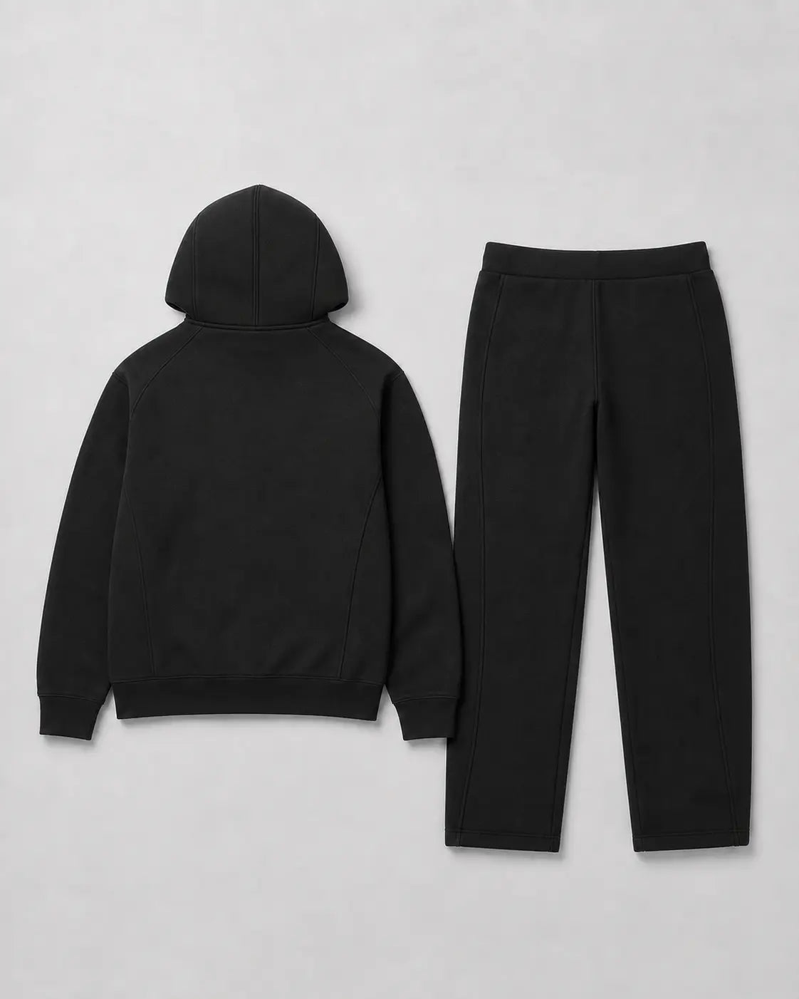 Akumi Axis Hoodie and Sweatpant Set in Black, back flat lay