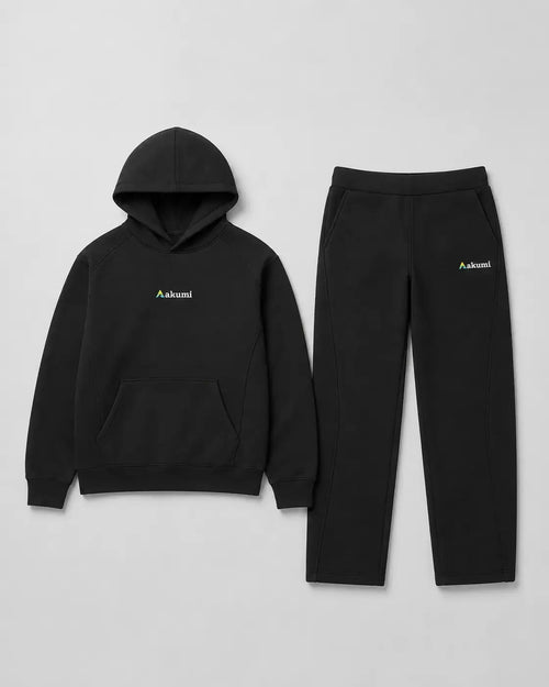 Akumi Axis Hoodie and Sweatpant Set in Black, front flat lay