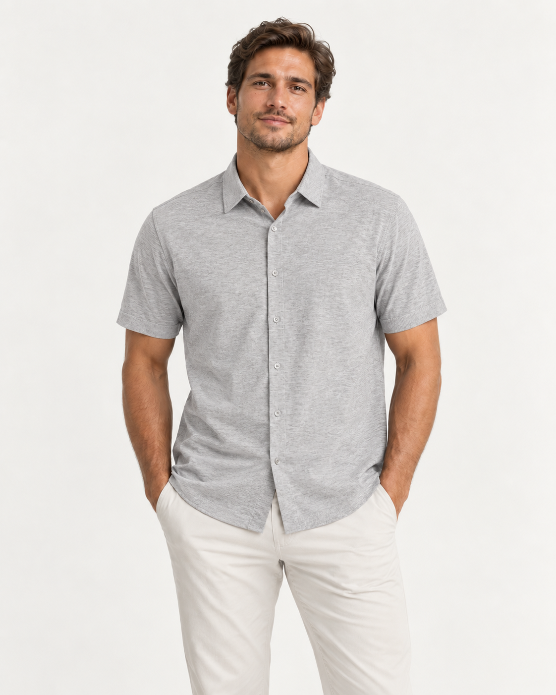 Akumi Balance Knit Button Down Short Sleeve in Cloud Heather