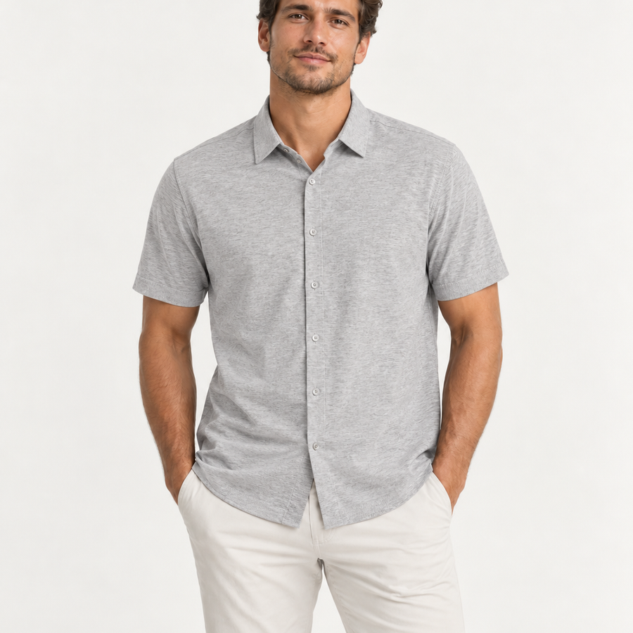 Akumi Balance Knit Button Down Short Sleeve front detail