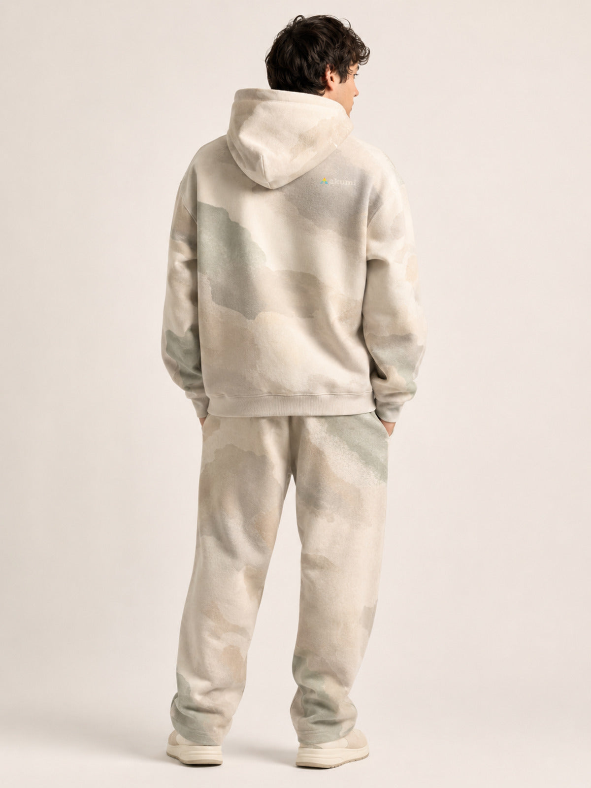 Akumi Terrainwash Hoodie in Bone Terrain male back three-quarter studio view