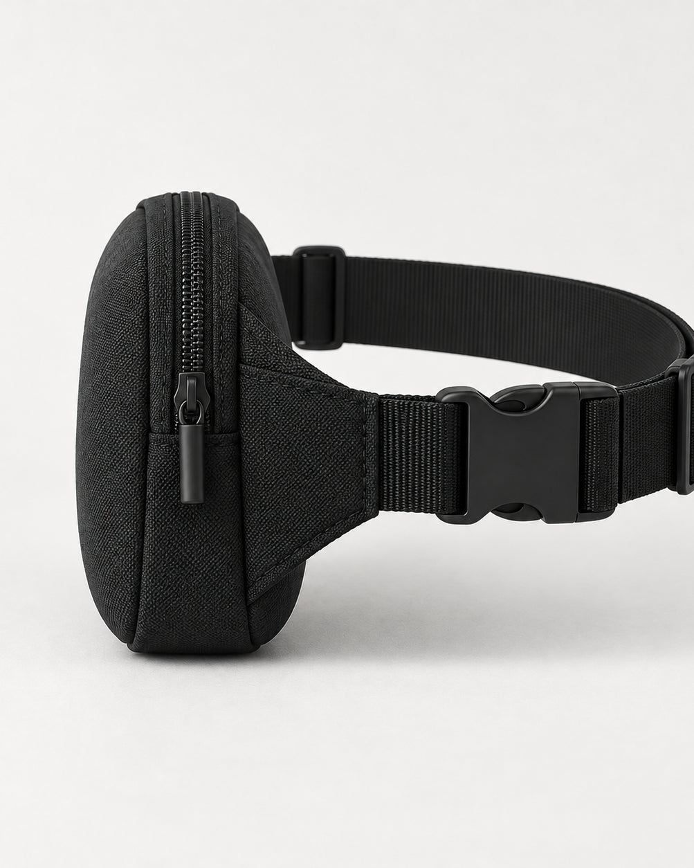 Akumi Close Belt Bag in Black, right-side profile studio concept visualization; proposed design pending sample confirmation.