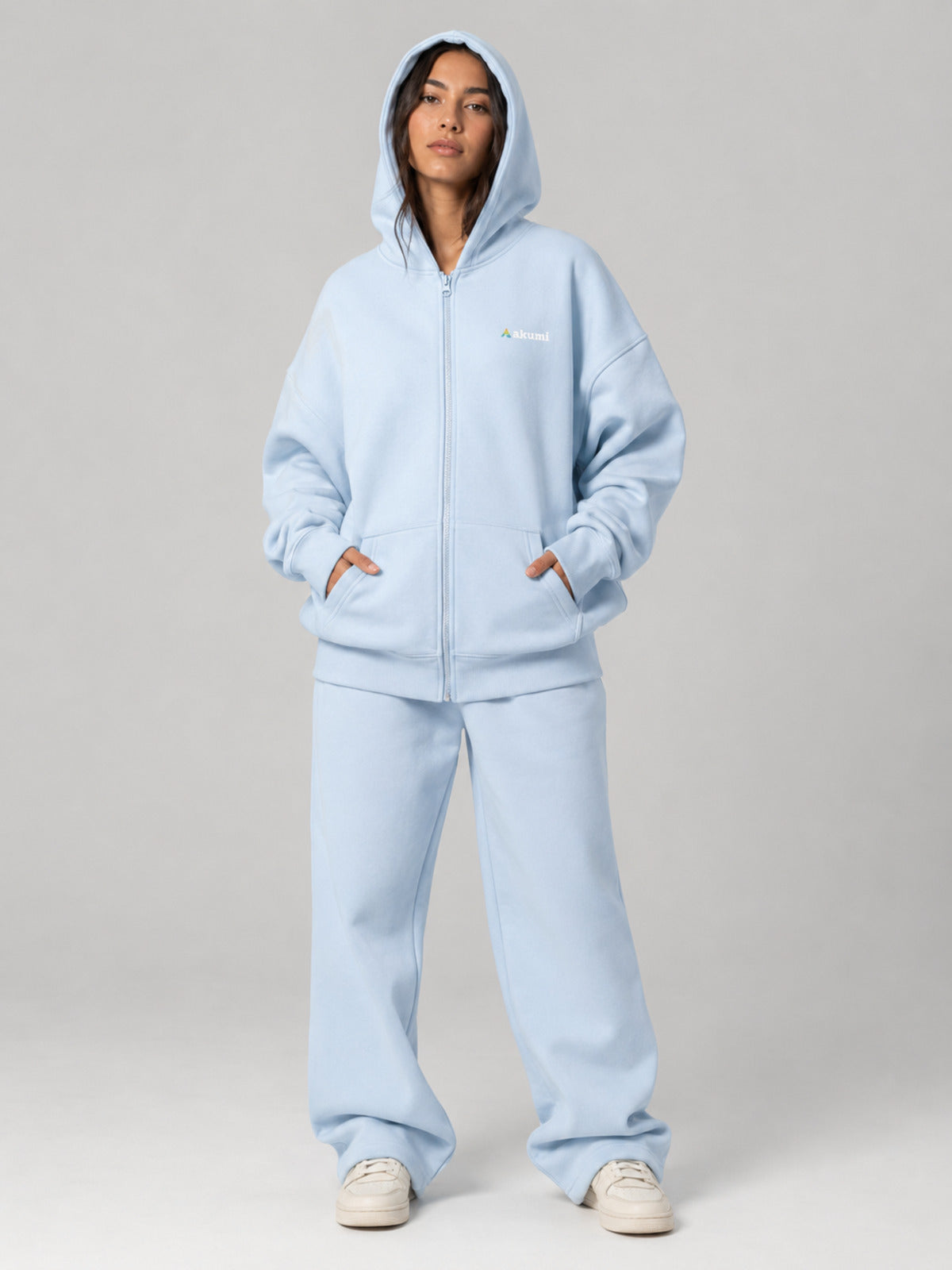 Akumi Cloudline Zip Hoodie in Sky Milk female front hood-up studio hero