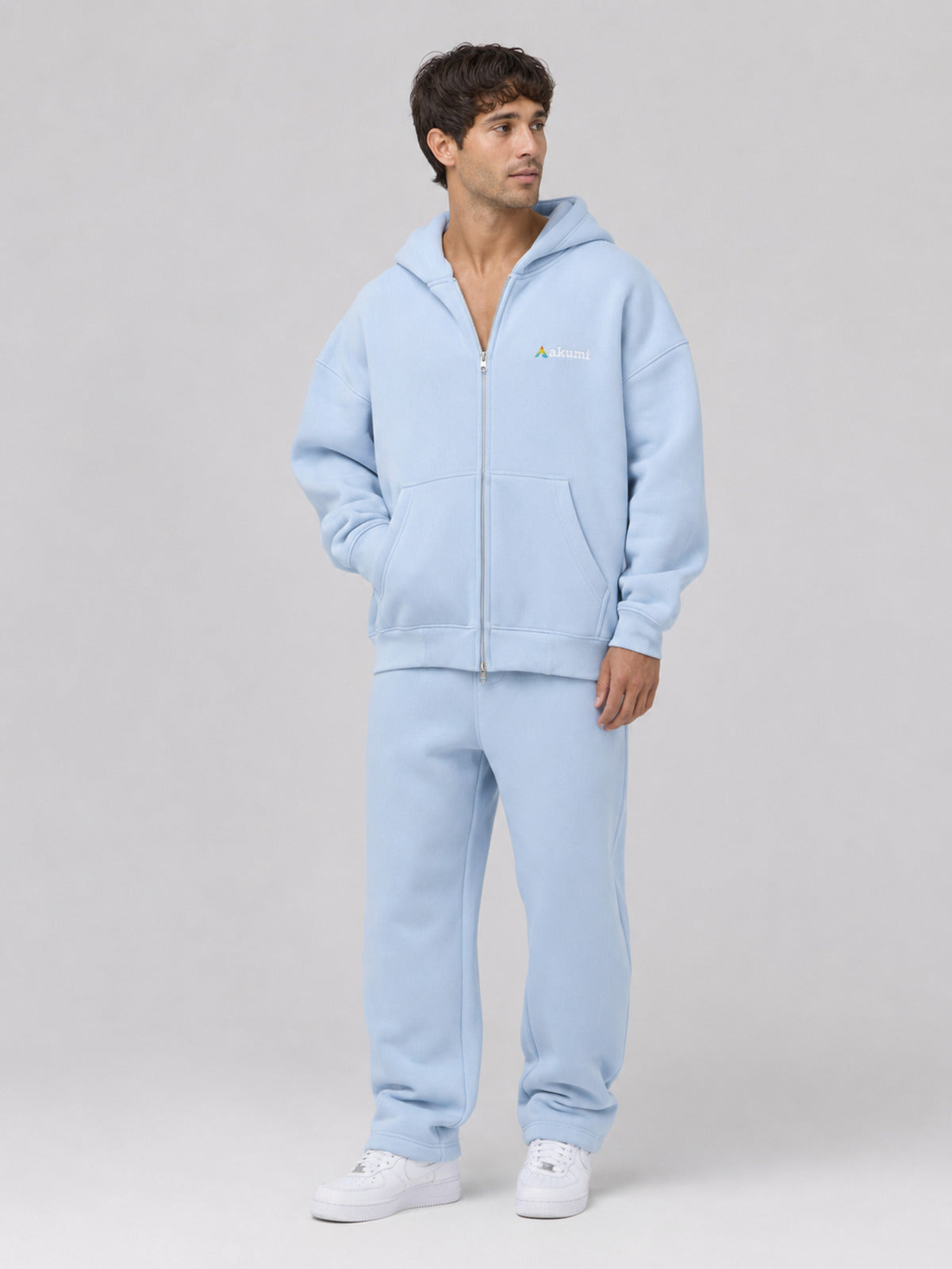 Akumi Cloudline Zip Hoodie in Sky Milk male front three-quarter studio view