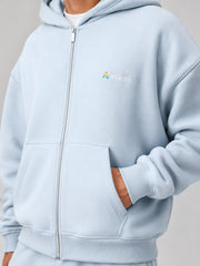 Akumi Cloudline Zip Hoodie in Sky Milk zipper embroidery and pocket detail