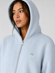 Akumi Cloudline Zip Hoodie in Sky Milk hood zipper and embroidery detail