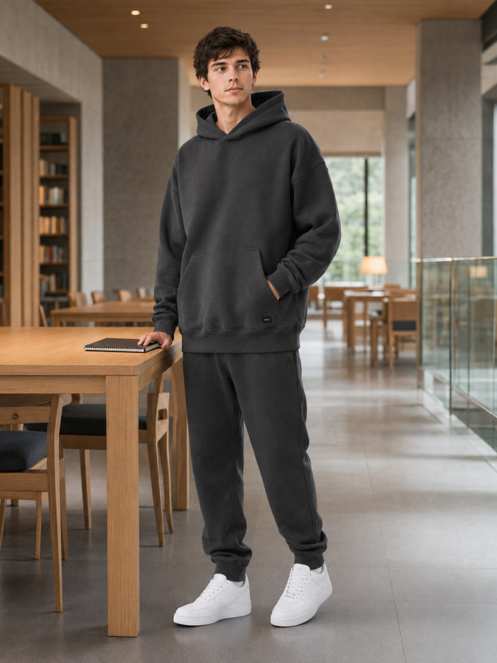 Akumi Collegiate Motion Hoodie worn in a modern library