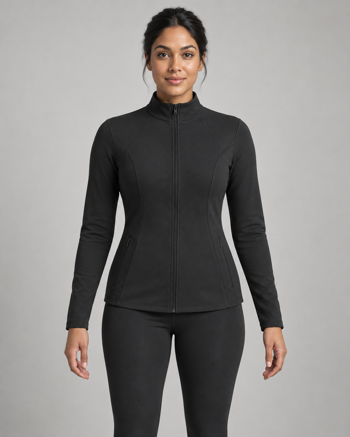 AI-generated design concept: Akumi Contour Zip Jacket in Onyx, front view on an adult woman.