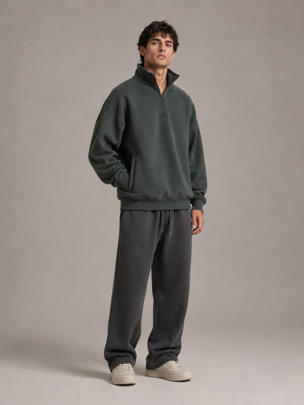 Akumi Crestline Quarter Zip in Slate Pine angled front studio view