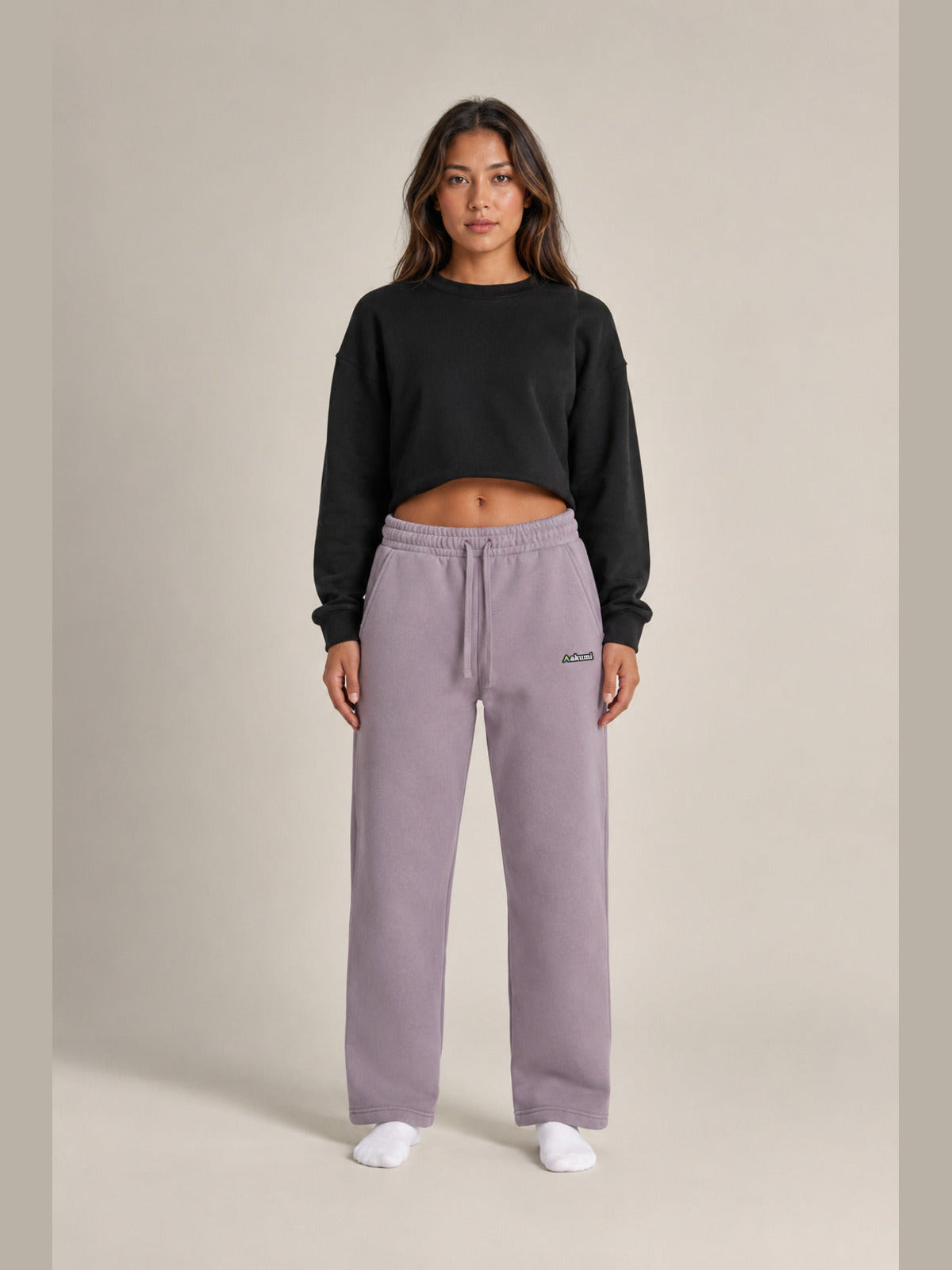 Akumi Crestline Straight-Leg Sweatpant in Lilac Smoke, female model front view