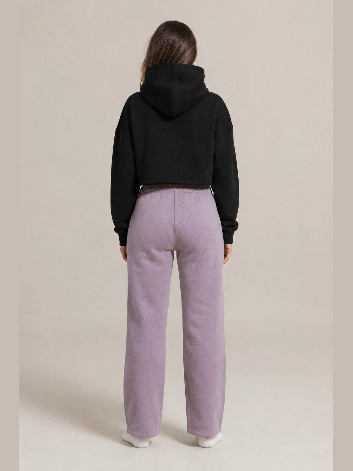 Akumi Crestline Straight-Leg Sweatpant in Lilac Smoke, female model back view