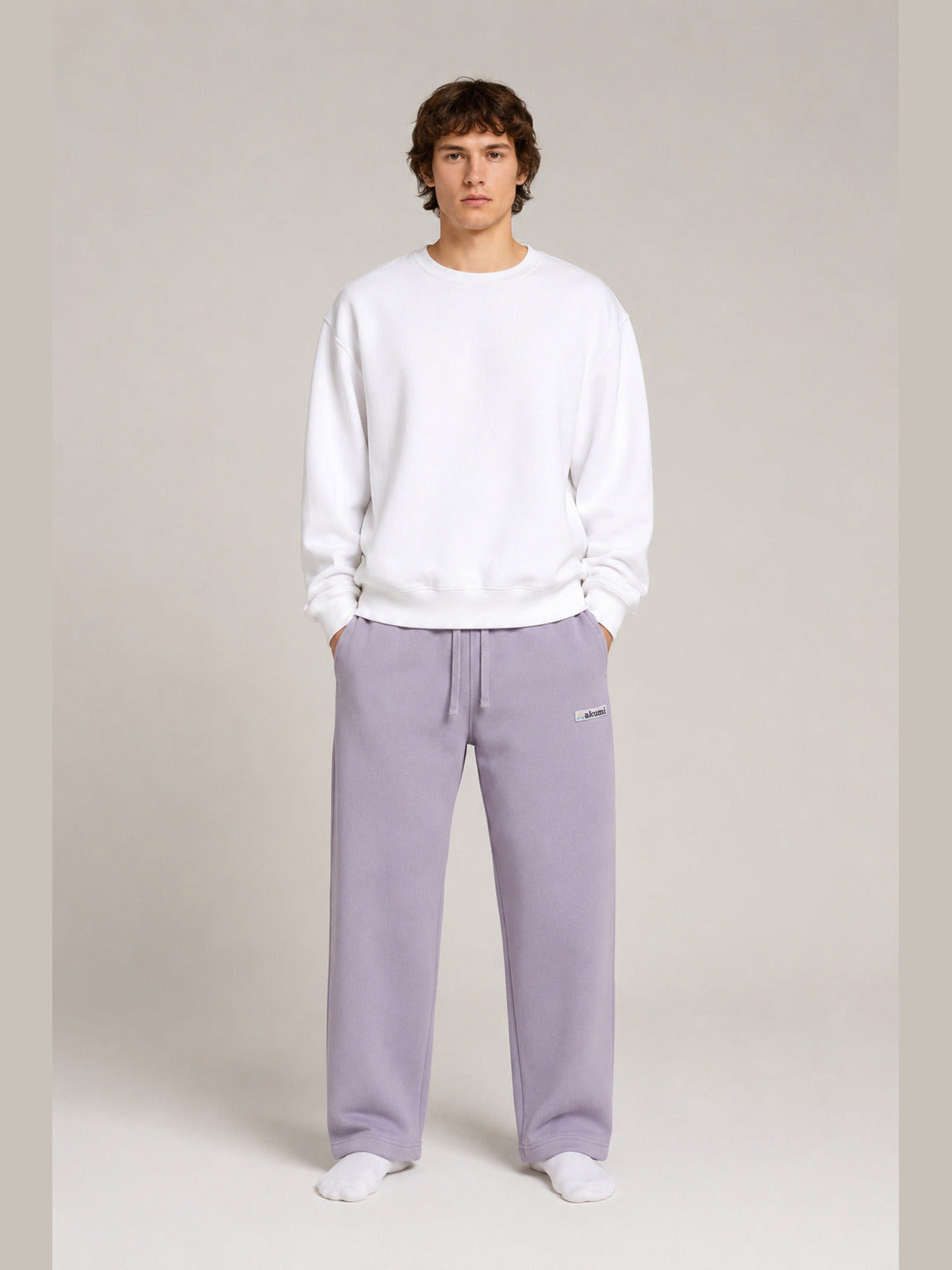 Akumi Crestline Straight-Leg Sweatpant in Lilac Smoke, male model front view