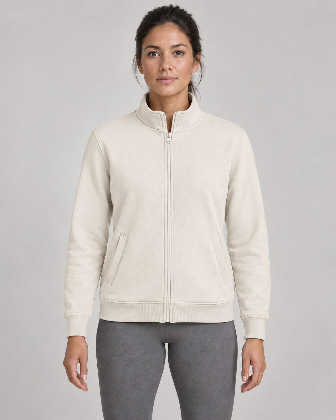 AI-generated design concept: Daybreak Stand-Collar Zip in Chalk, front view.