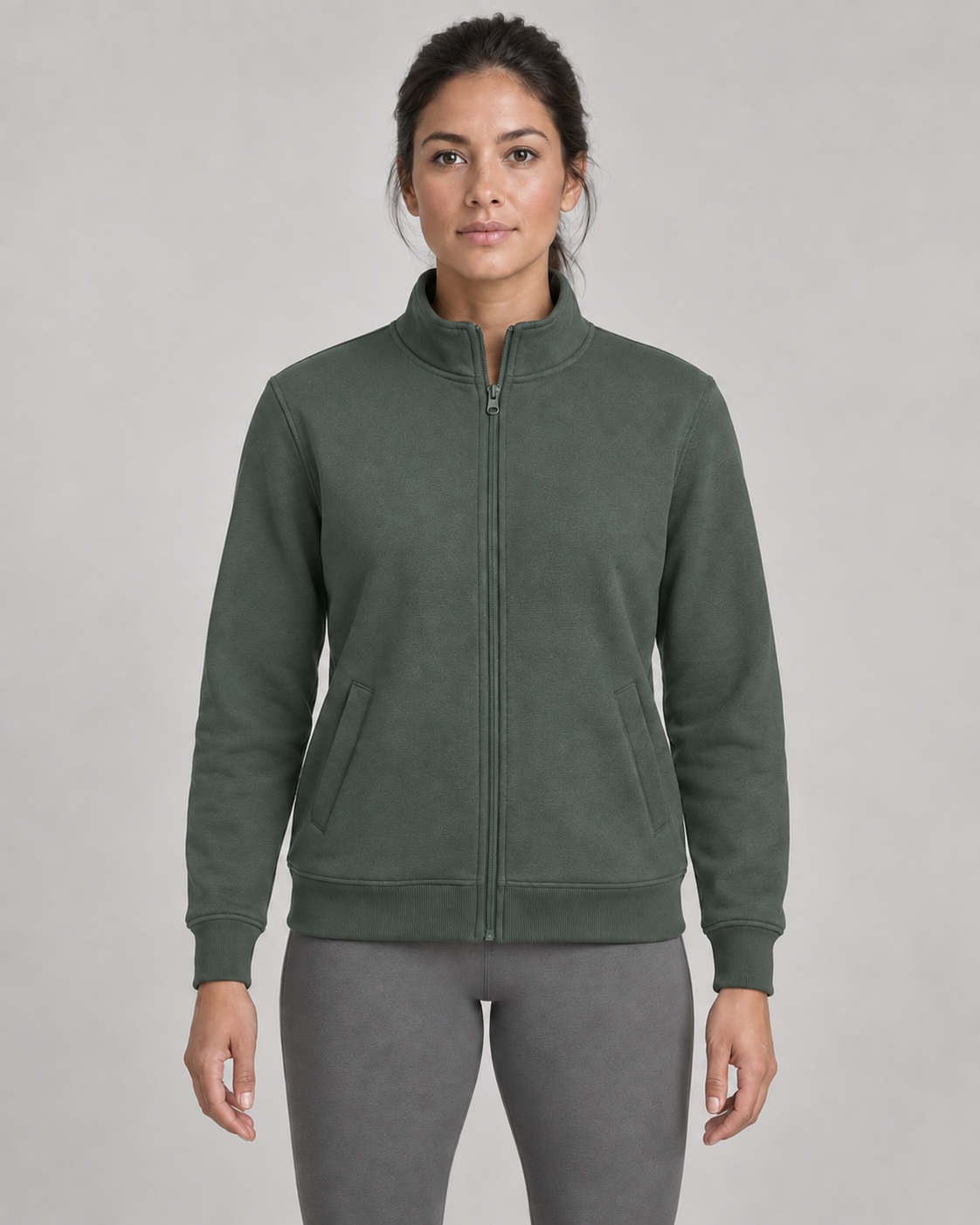 AI-generated design concept: Daybreak Stand-Collar Zip in Juniper, front view.
