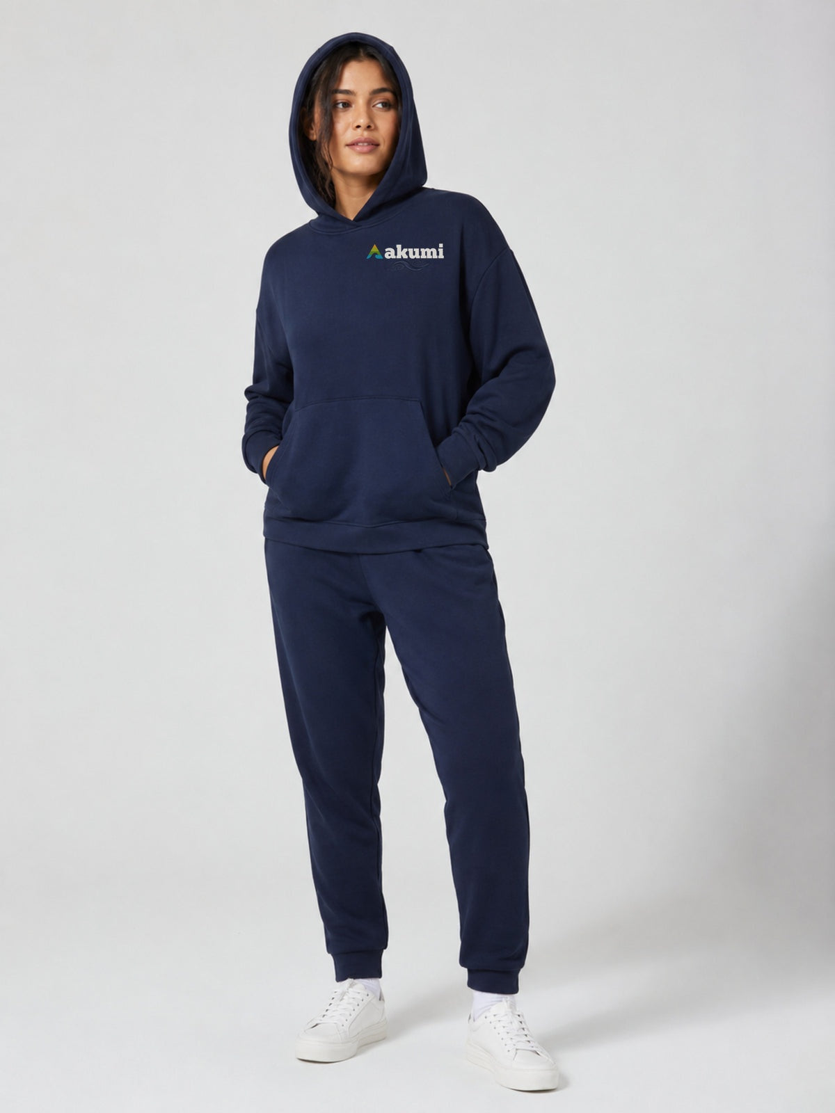 Akumi Dayform Jersey Hoodie in Deep Navy female full body view with corrected Akumi logo