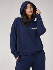 Akumi Dayform Jersey Hoodie in Deep Navy female hood crop with corrected Akumi logo
