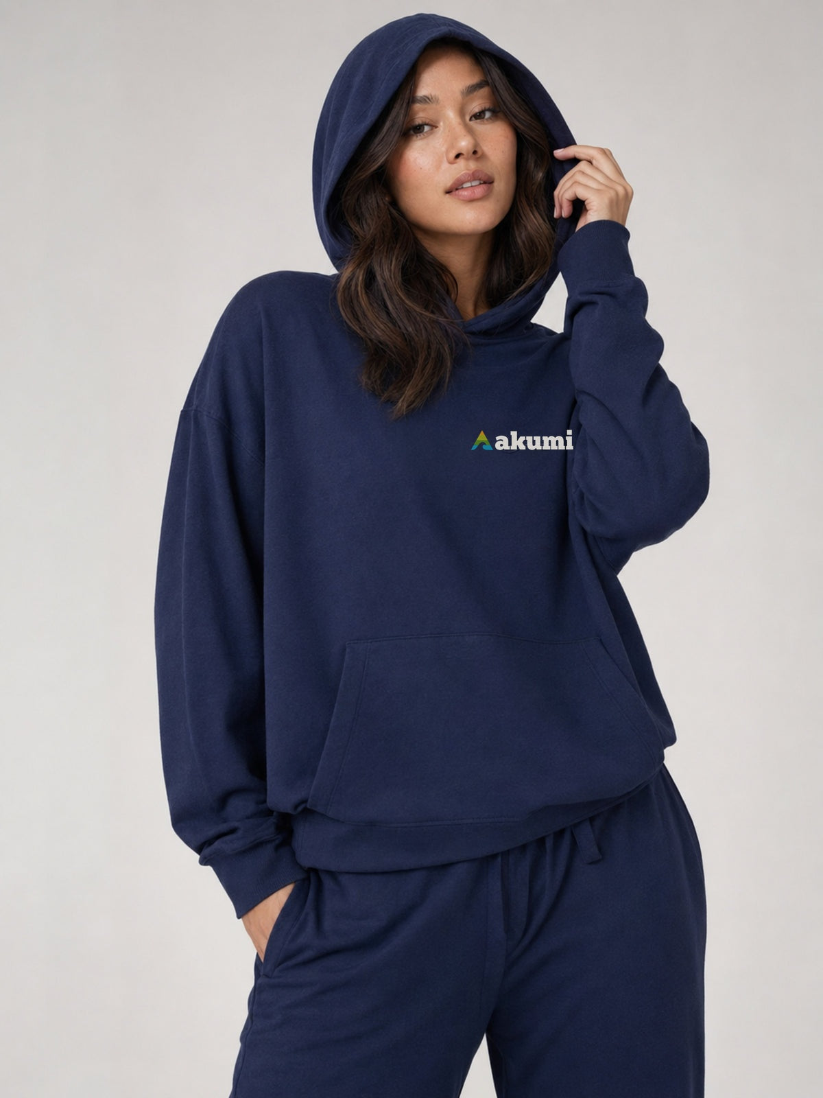 Akumi Dayform Jersey Hoodie in Deep Navy female hood crop with corrected Akumi logo