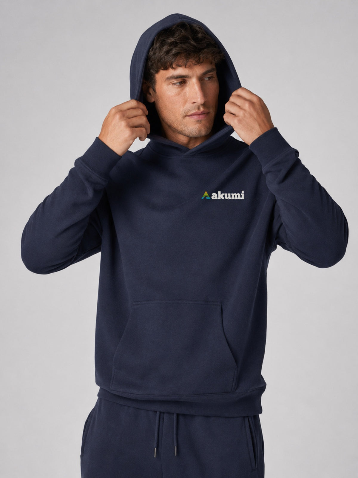 Akumi Dayform Jersey Hoodie in Deep Navy male hood crop with corrected Akumi logo
