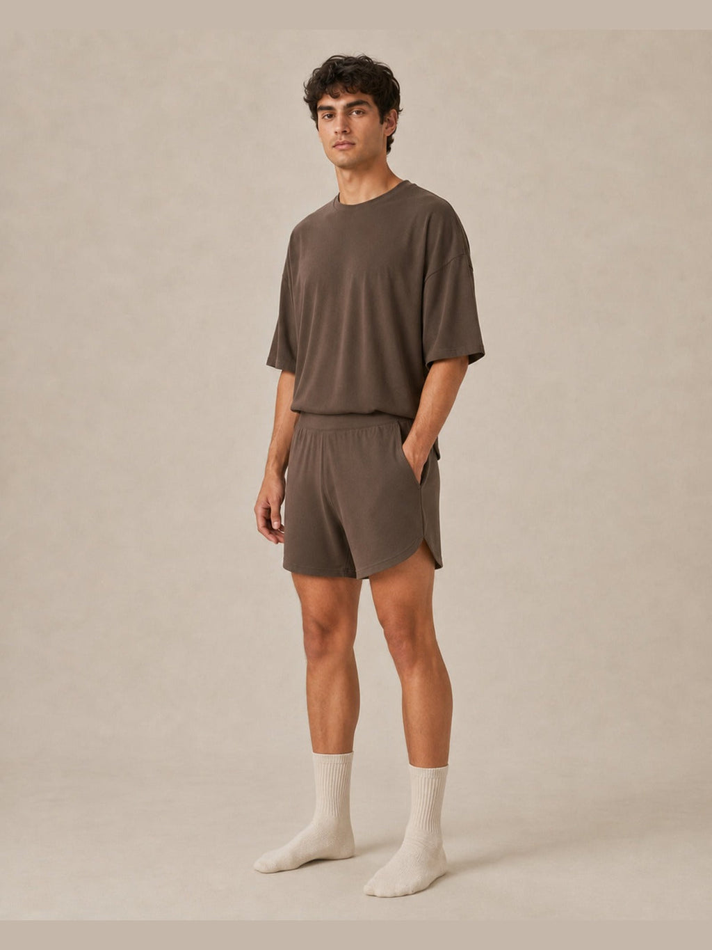 Akumi Driftline Lounge Short in Umber Smoke, men’s three-quarter view