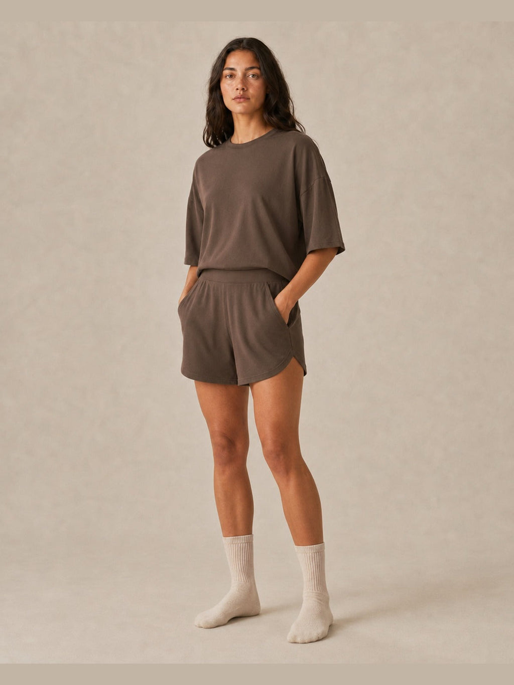 Akumi Driftline Lounge Short in Umber Smoke, women’s pocket view
