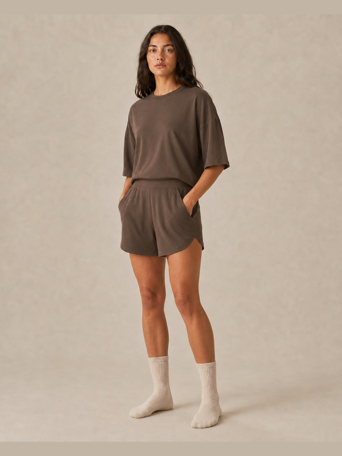 Akumi Driftline Lounge Short in Umber Smoke, women’s pocket view