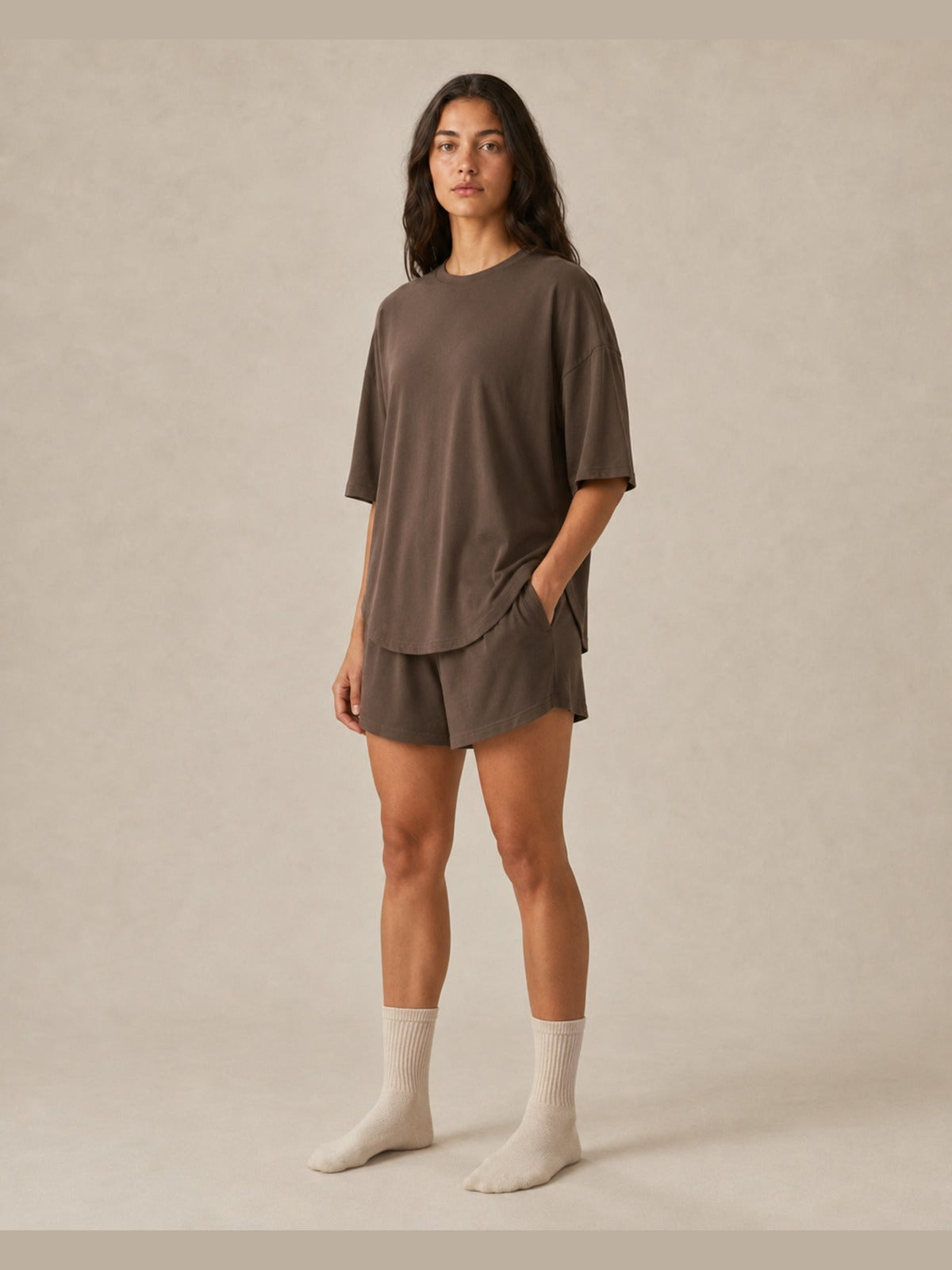 Akumi Driftline Lounge Tee in Umber Smoke, women’s three-quarter view