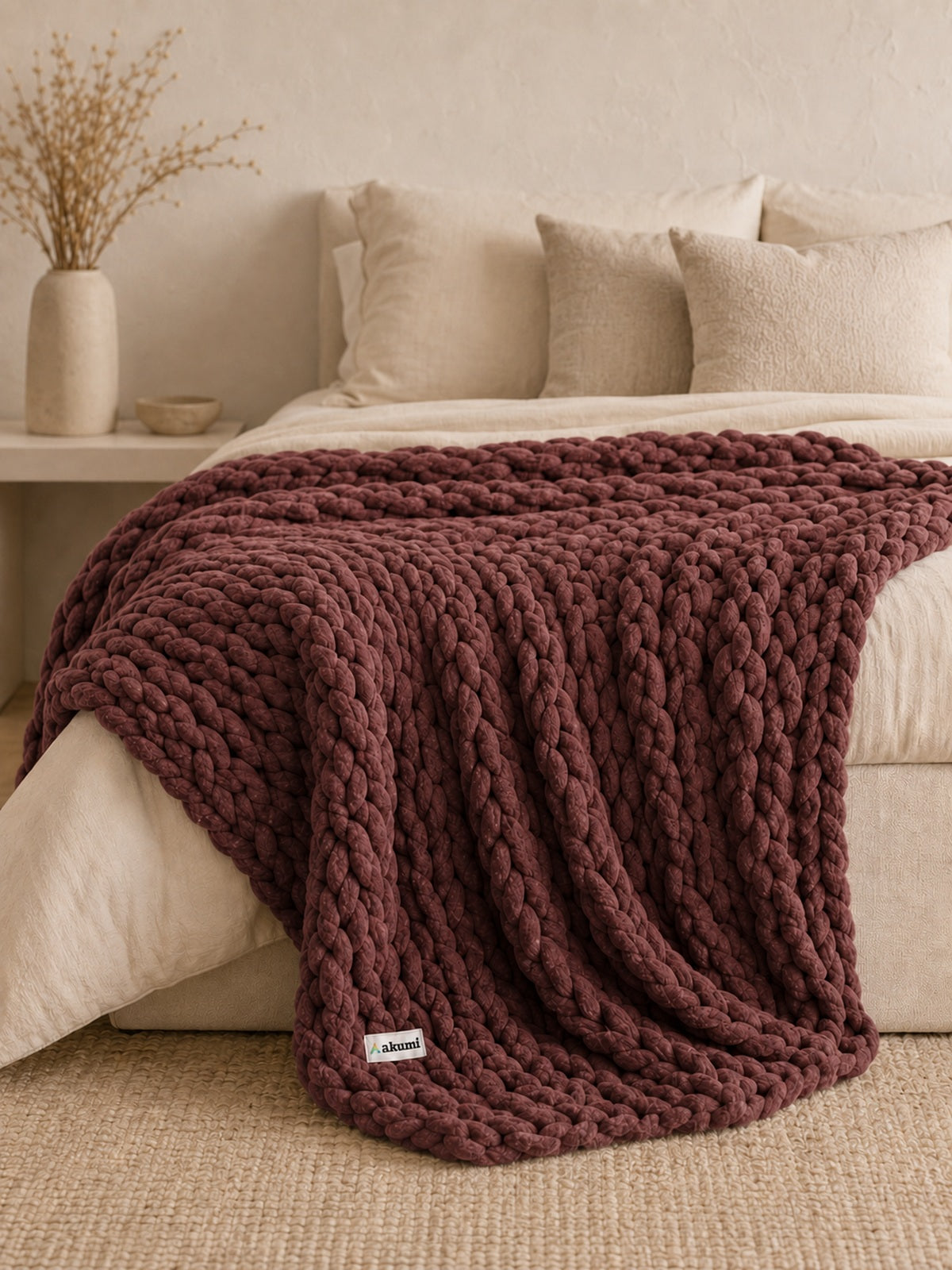 Akumi Emberloop Weighted Blanket Mulberry Clay bed styling view with sewn woven hem label