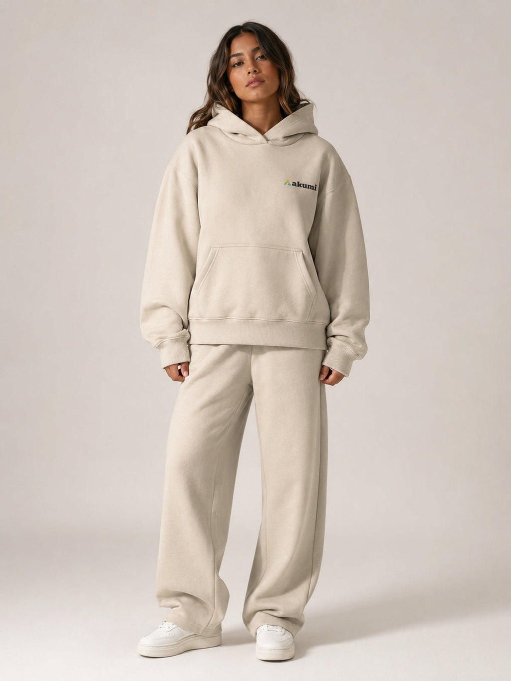 Akumi Essential Hoodie in Stone, female front hero
