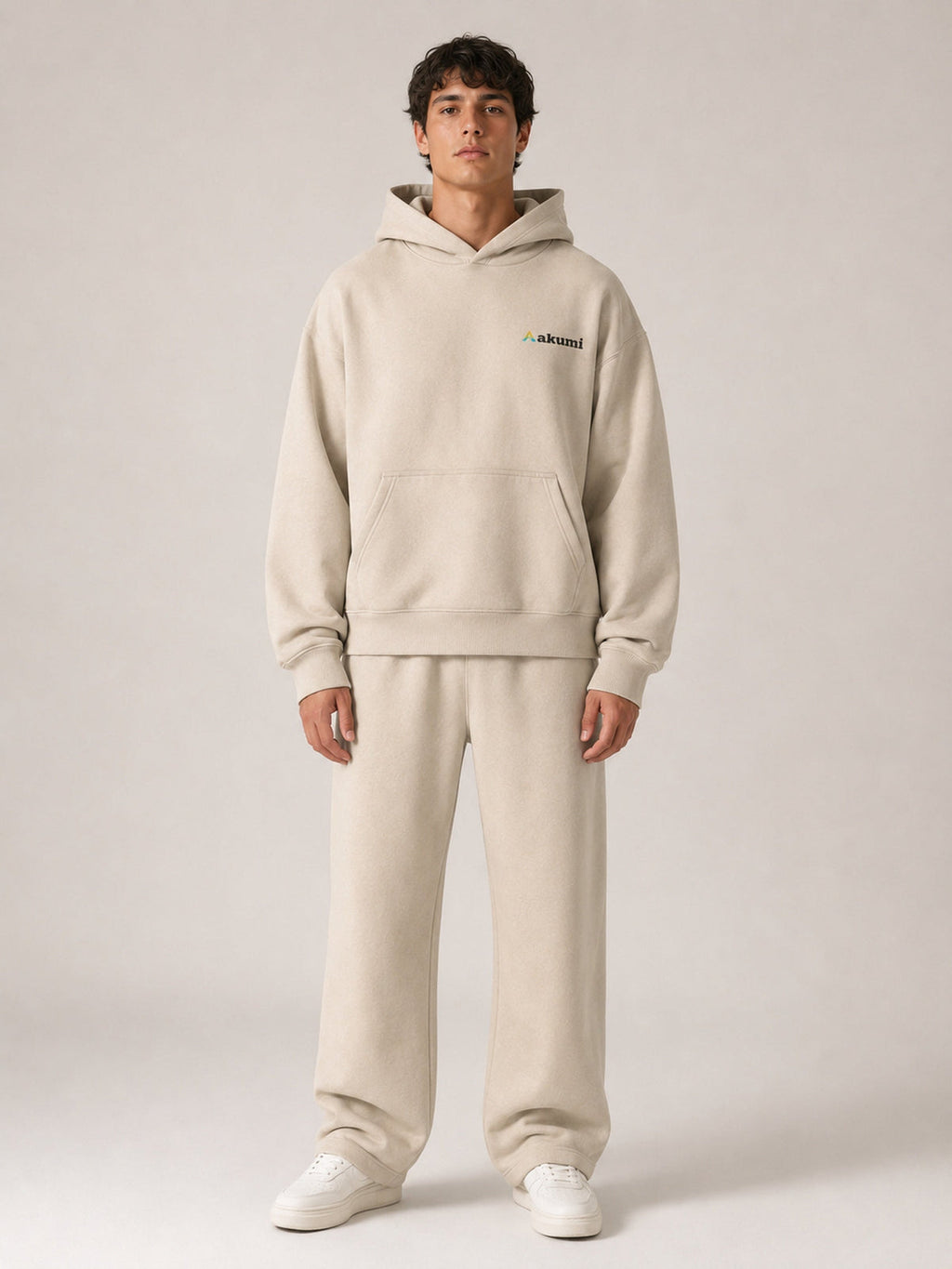 Akumi Essential Hoodie in Stone, male front view