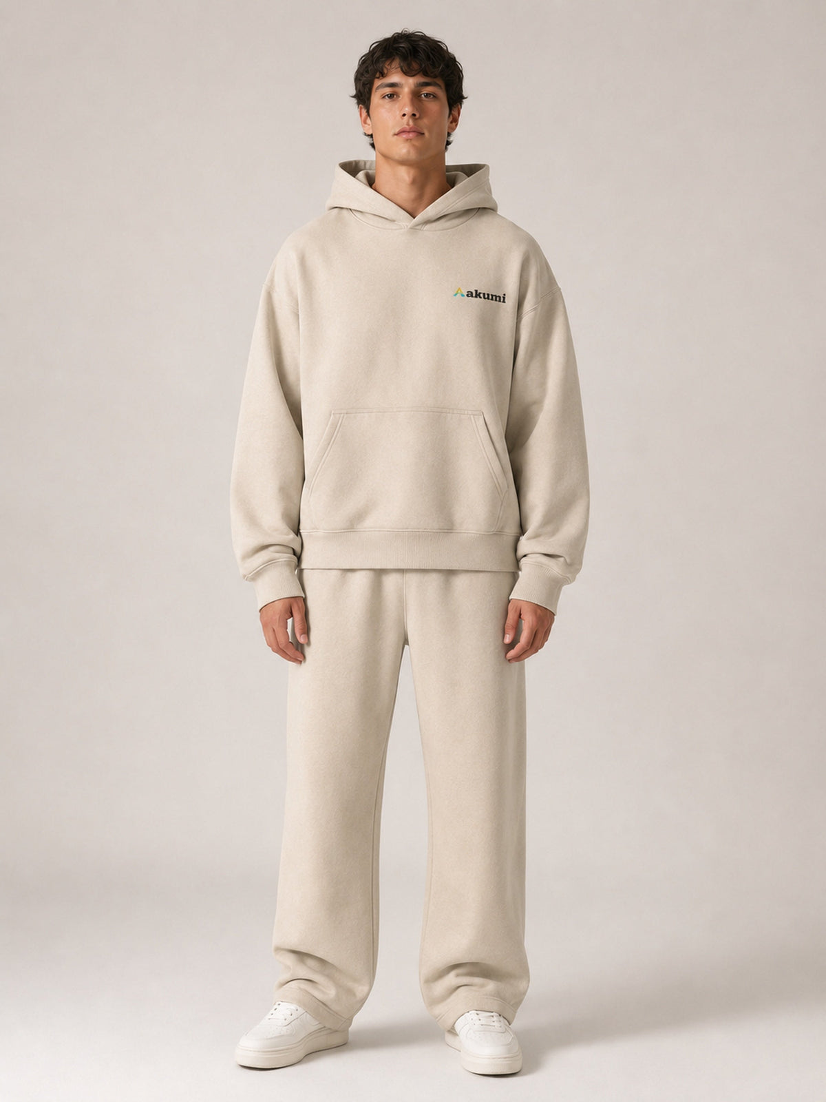 Akumi Essential Hoodie in Stone, male front view
