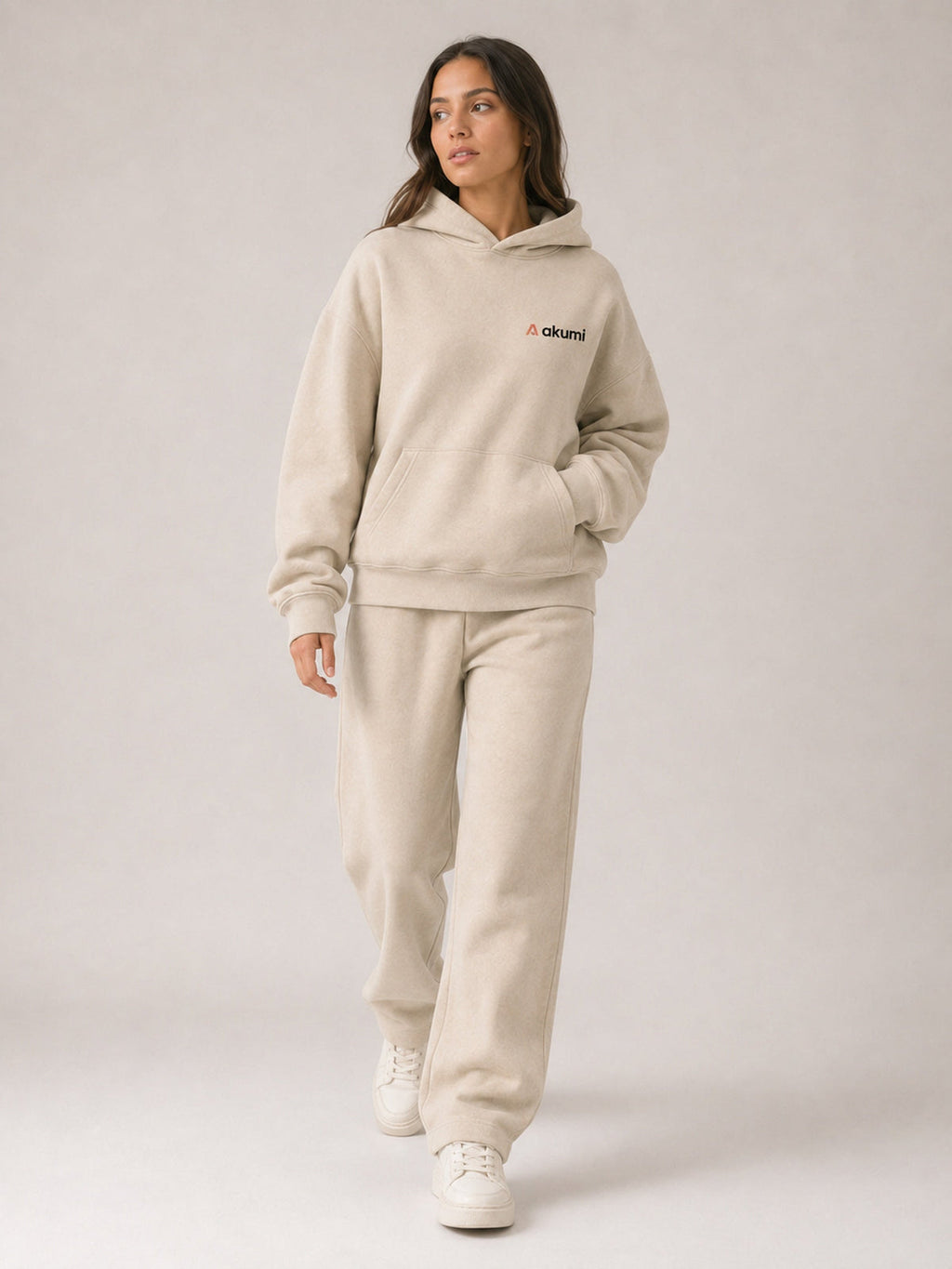 Akumi Essential Hoodie in Stone, movement view