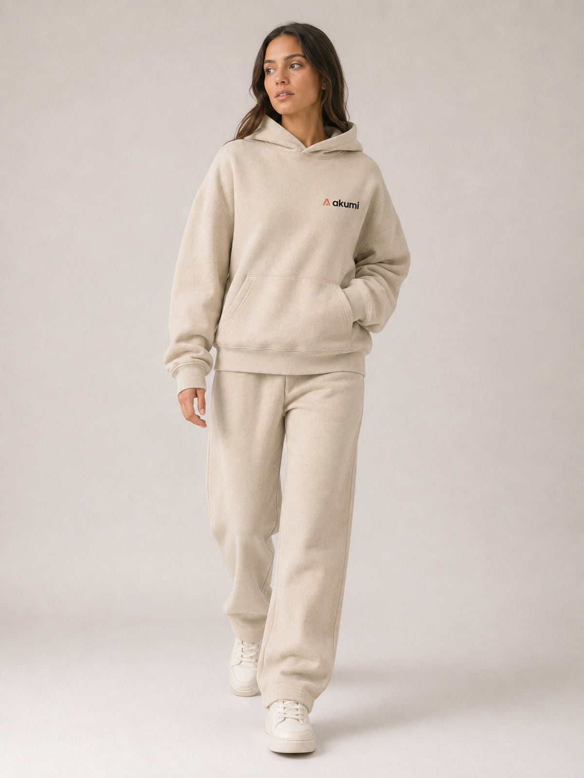 Akumi Essential Hoodie in Stone, movement view