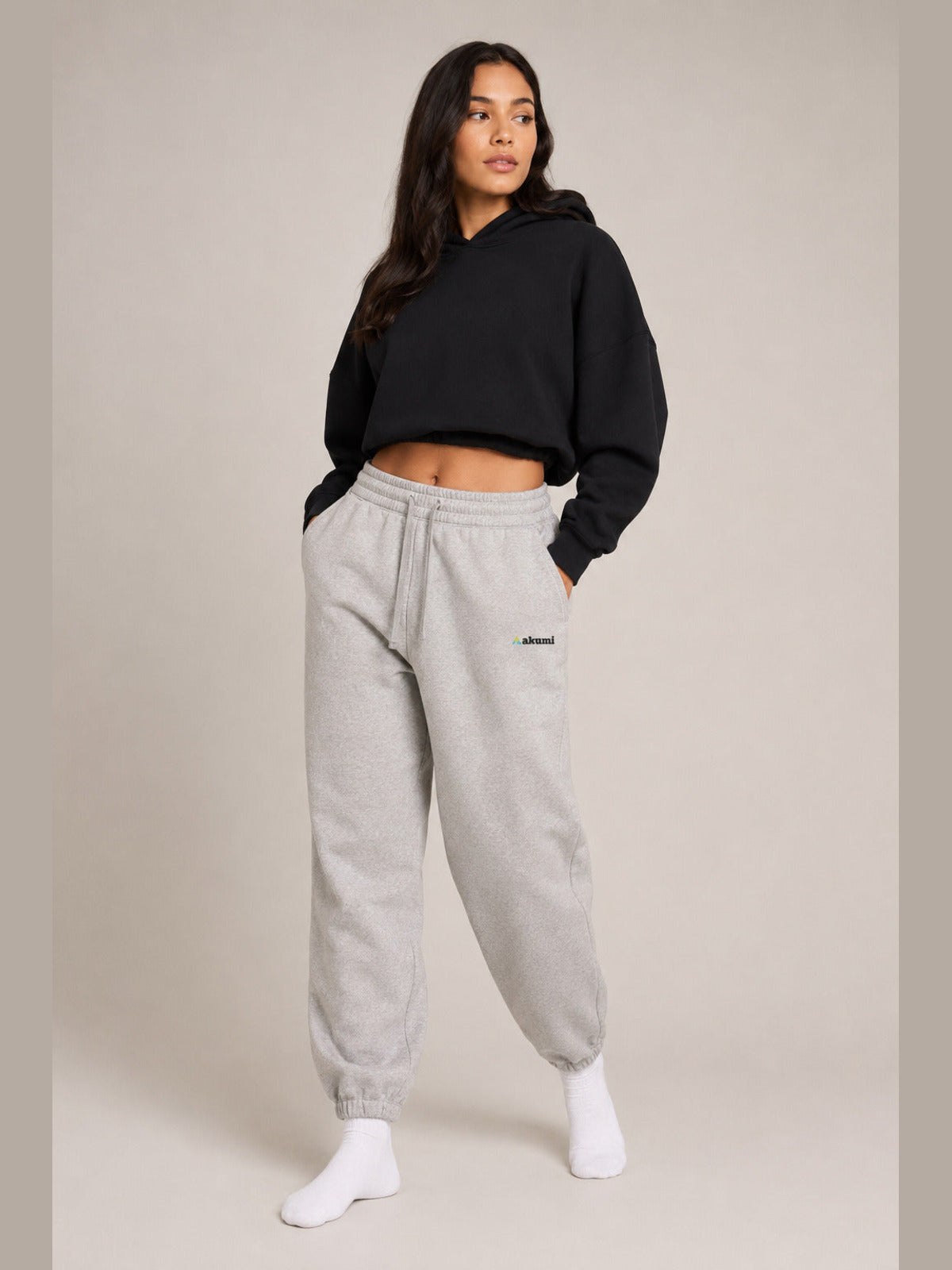 Akumi Fieldmark Jogger Sweatpant in Stadium Grey, female model three-quarter front view
