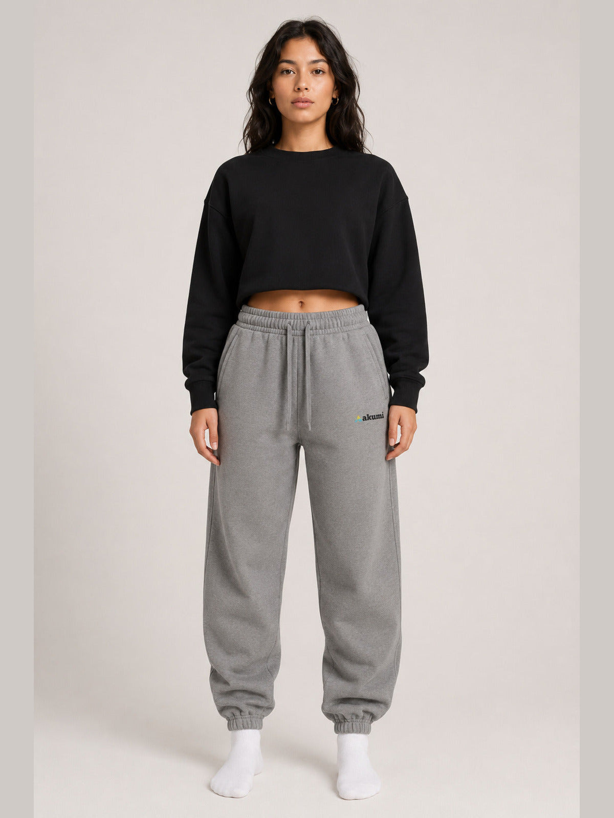 Akumi Fieldmark Jogger Sweatpant in Stadium Grey, female model front view