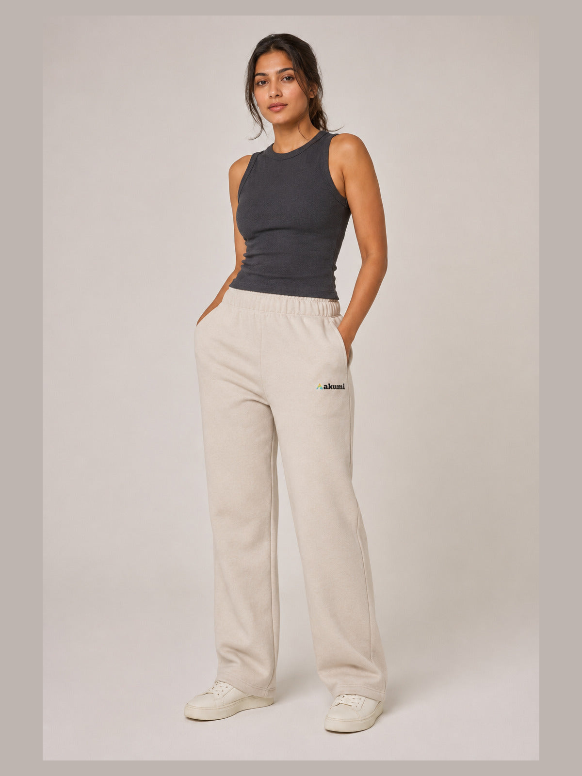 Akumi Flowline Straight-Leg Sweatpant in Soft Oat, front three-quarter view