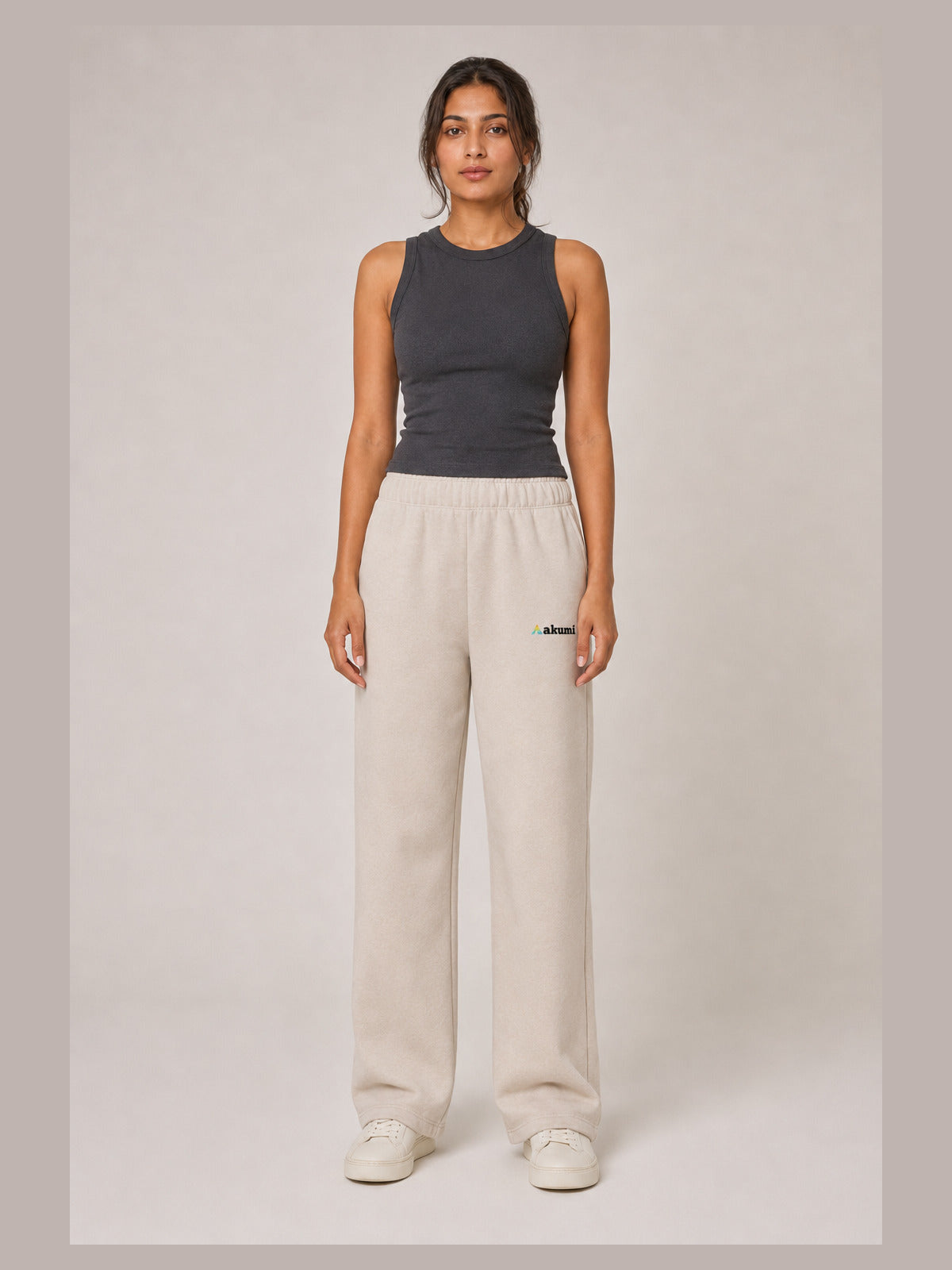 Akumi Flowline Straight-Leg Sweatpant in Soft Oat, straight front view