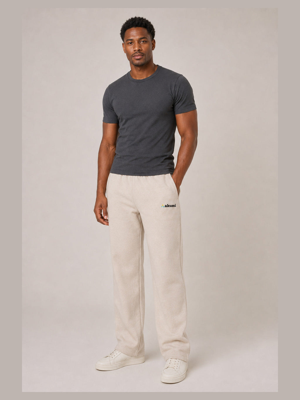 Akumi Flowline Straight-Leg Sweatpant in Soft Oat, men's front view