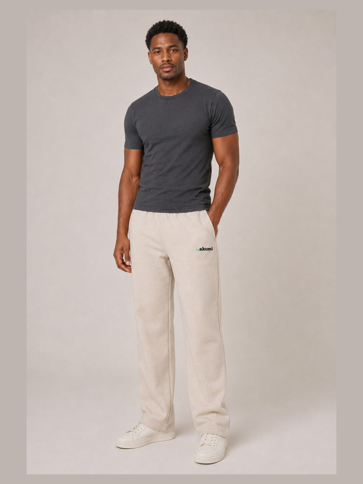 Akumi Flowline Straight-Leg Sweatpant in Soft Oat, men's front view
