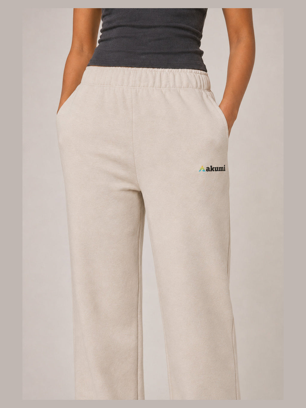 Akumi Flowline Straight-Leg Sweatpant in Soft Oat, waistband pocket and logo detail