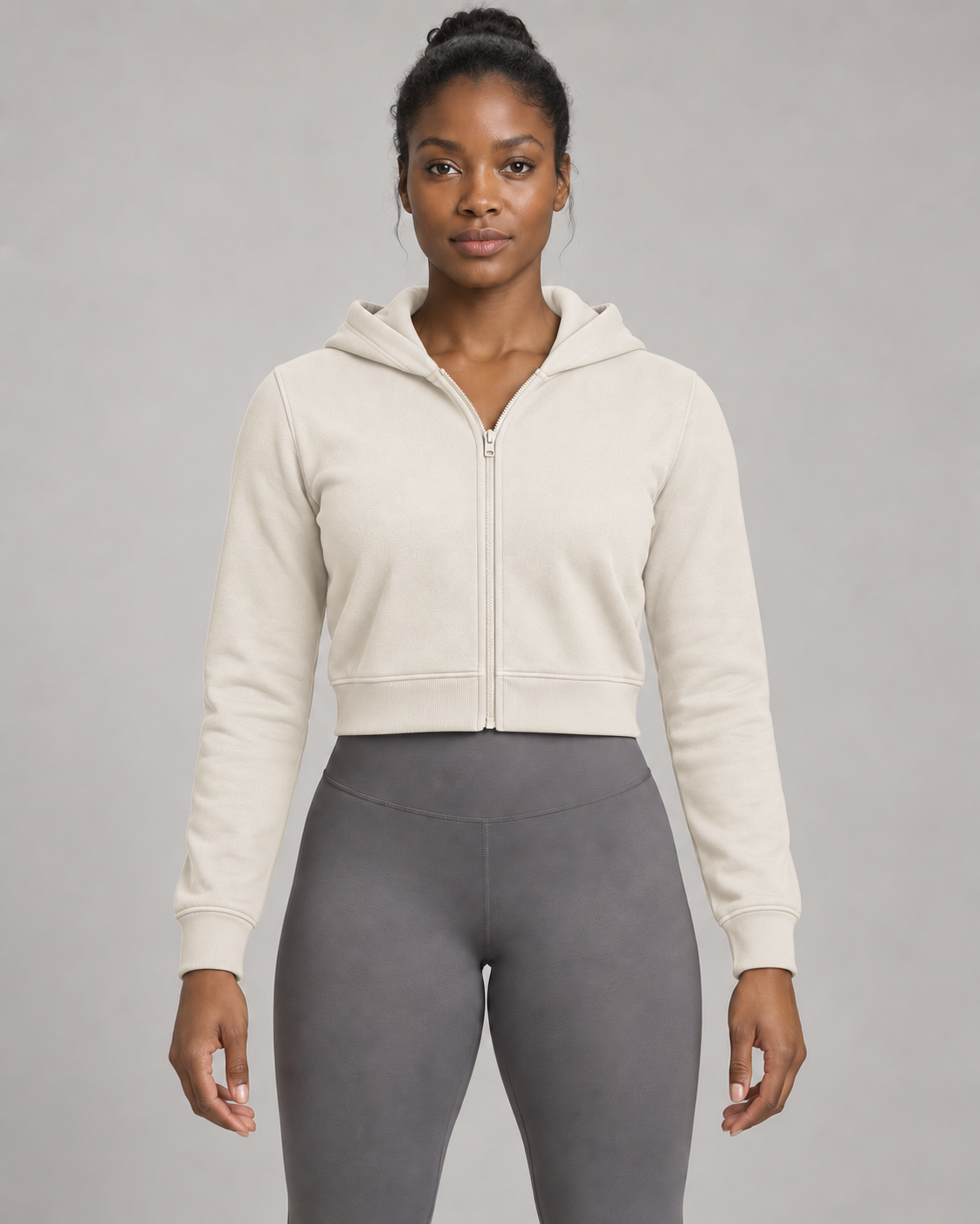 AI-generated design concept: Formline Cropped Zip Hoodie in Chalk, front view.